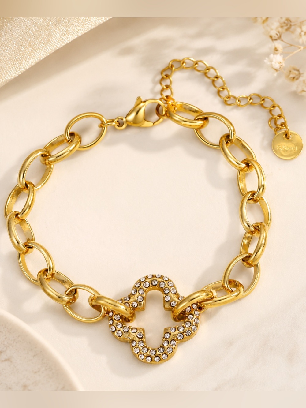 Gold Crystal Clover Link Bracelet Four Leaf Lucky Jewelry